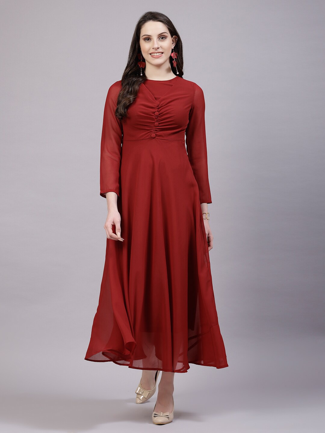 

aayu Georgette Round Neck Long Sleeves Maxi Casual Dress, Maroon