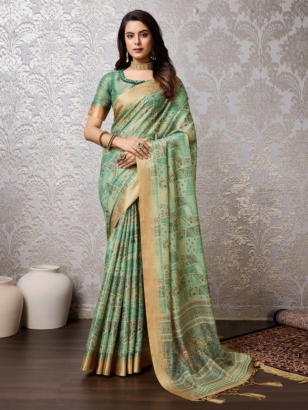 

Mitera Floral Printed Woven Design Zari Pure Silk Banarasi Saree, Sea green