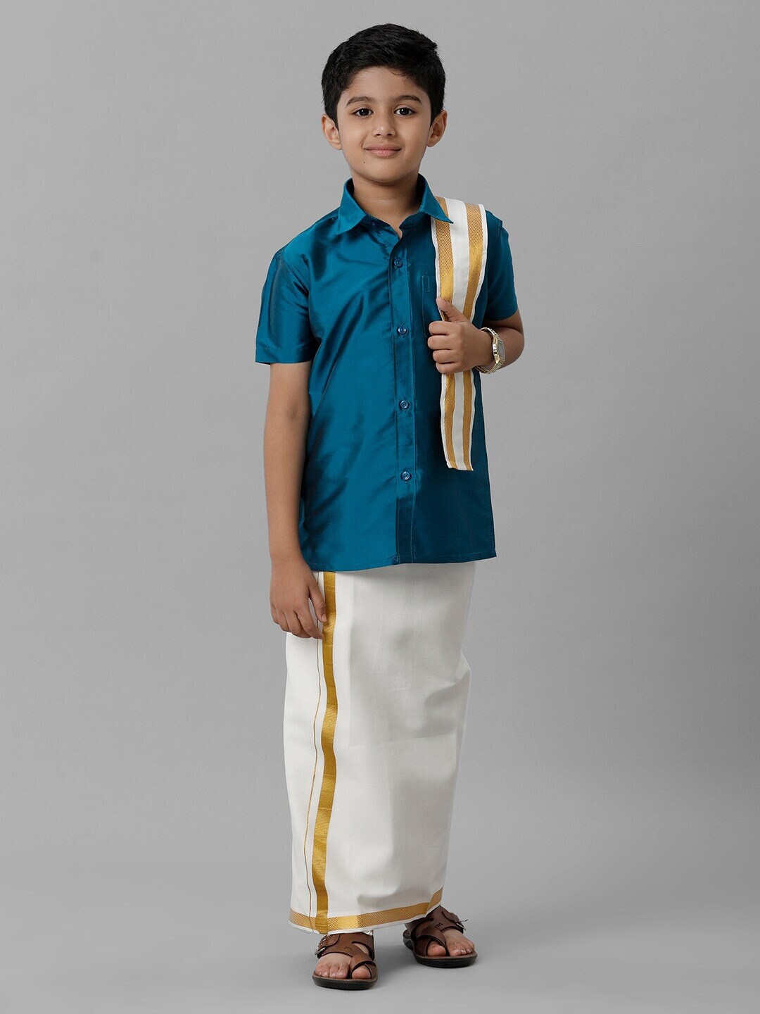 

Ramraj Boys Silk Cotton Shirt with Adjustable Dhoti & Angavastram, Blue