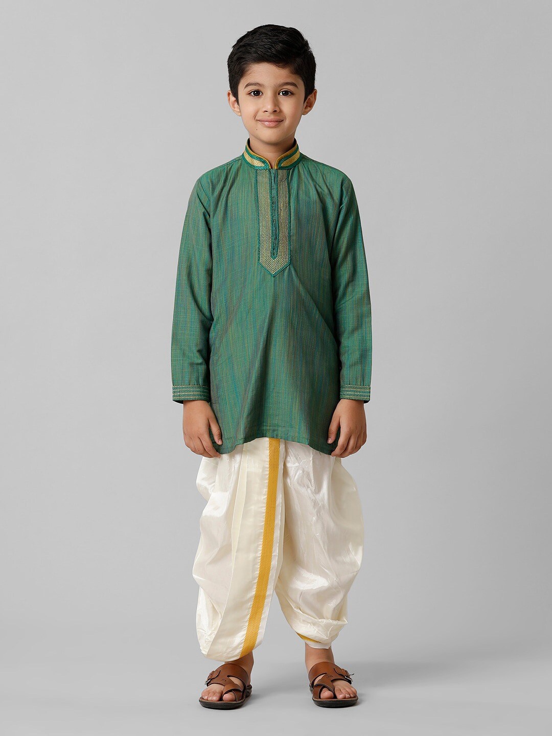 

Ramraj Boys Mandarin Collar Thread Work Pure Cotton Straight Kurta With Dhoti Pants, Green