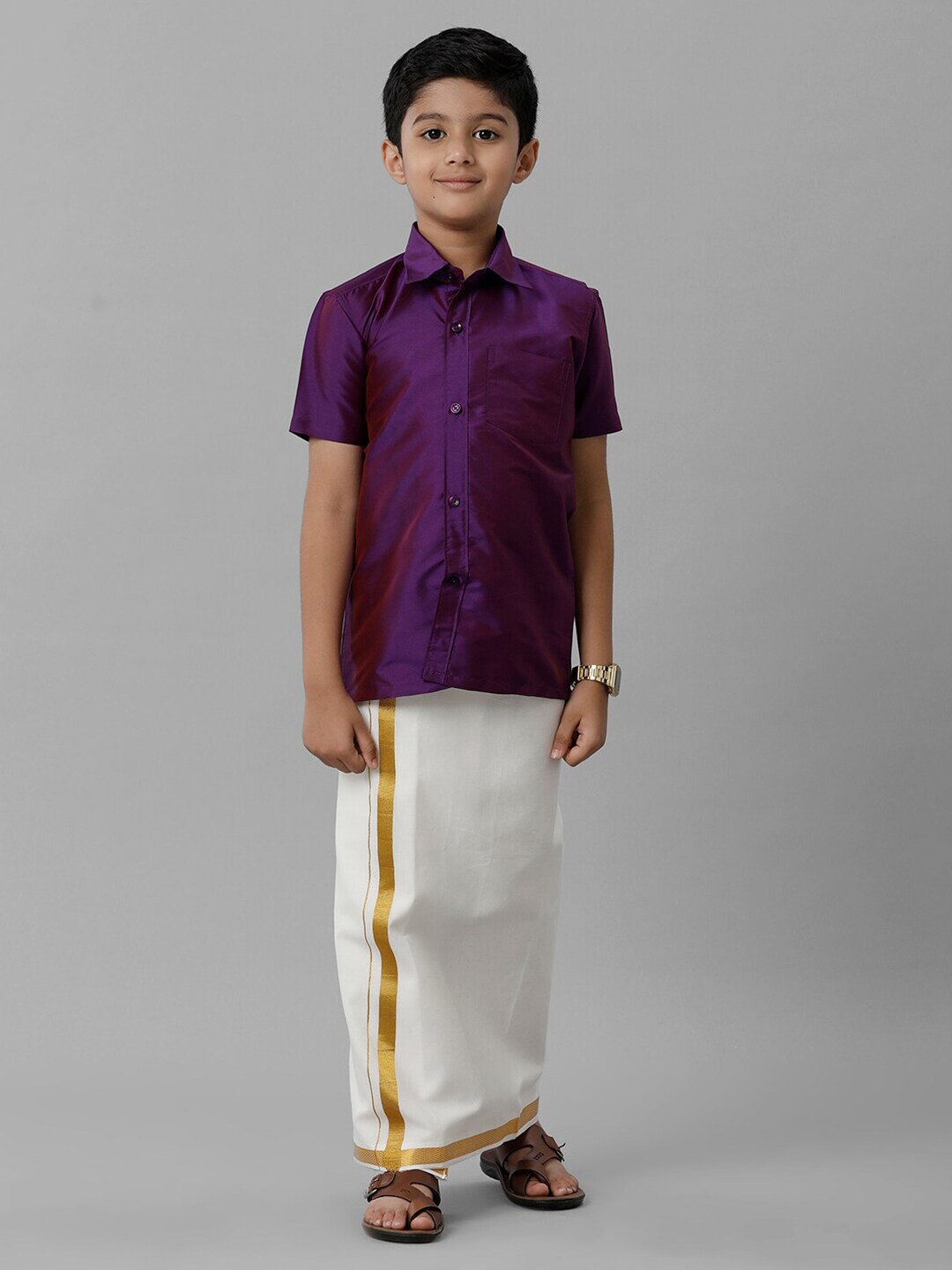 

Ramraj Boys Slik Cotton Shirt with Golden Zari Dhoti, Violet