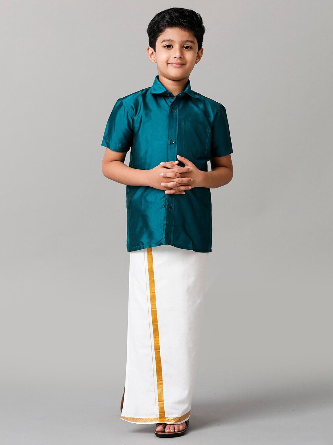 

Ramraj Boys Slik Cotton Shirt with Golden Zari Dhoti, Green