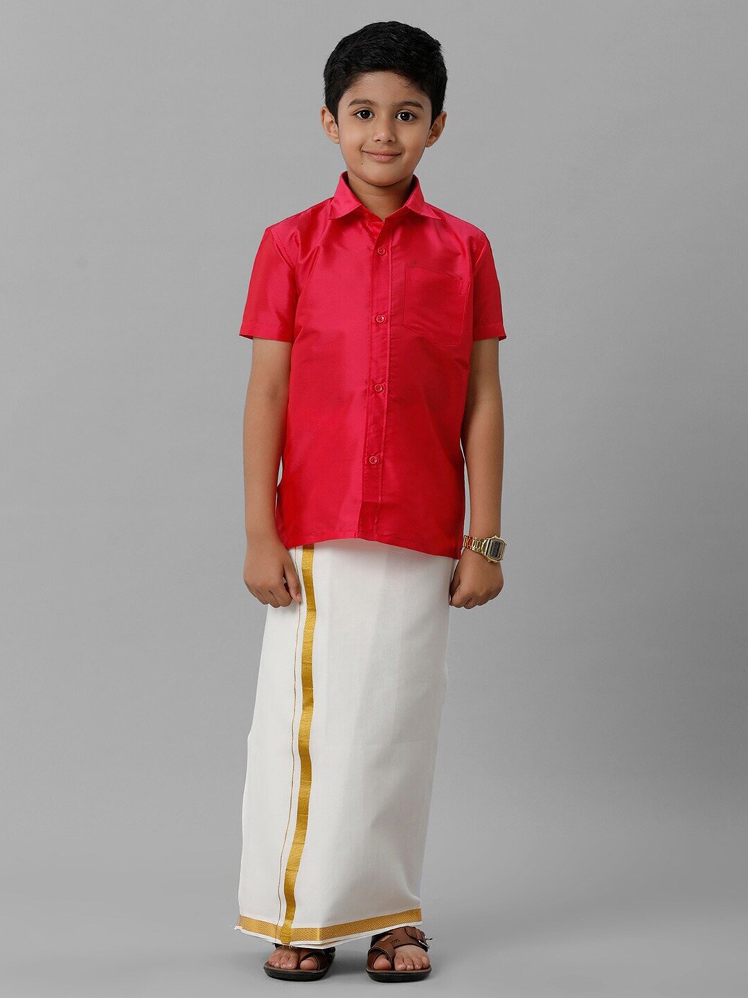 

Ramraj Boys Slik Cotton Shirt with Golden Zari Dhoti, Red