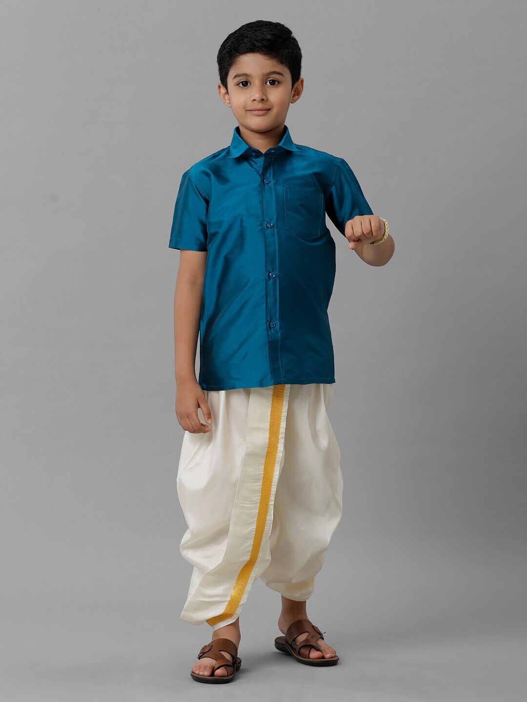 

Ramraj Boys Silk Cotton Shirt with Soft Silk Panchakacham, Blue