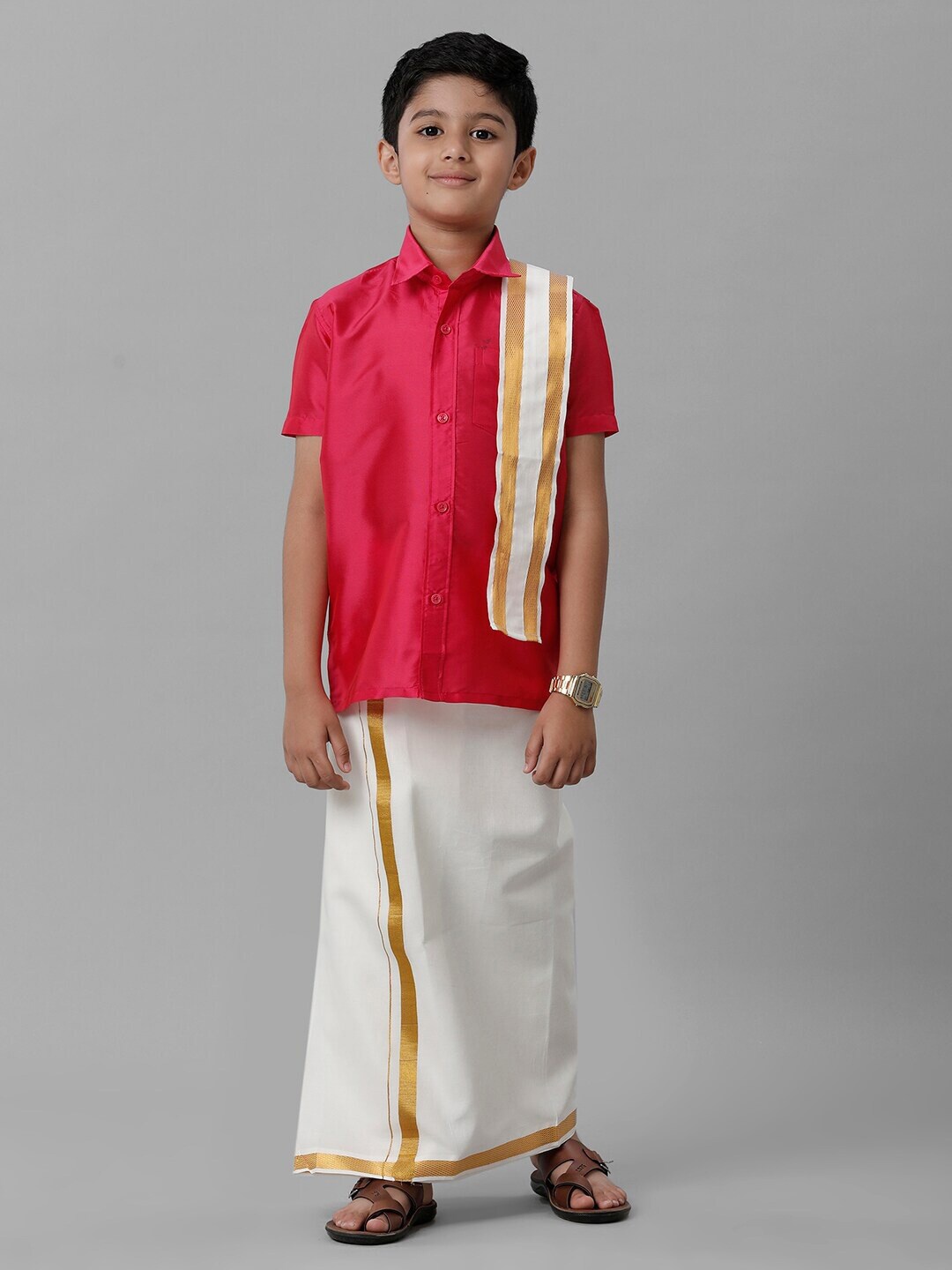 

Ramraj Boys Slik Cotton Shirt with Golden Zari Dhoti & Angavastram, Pink