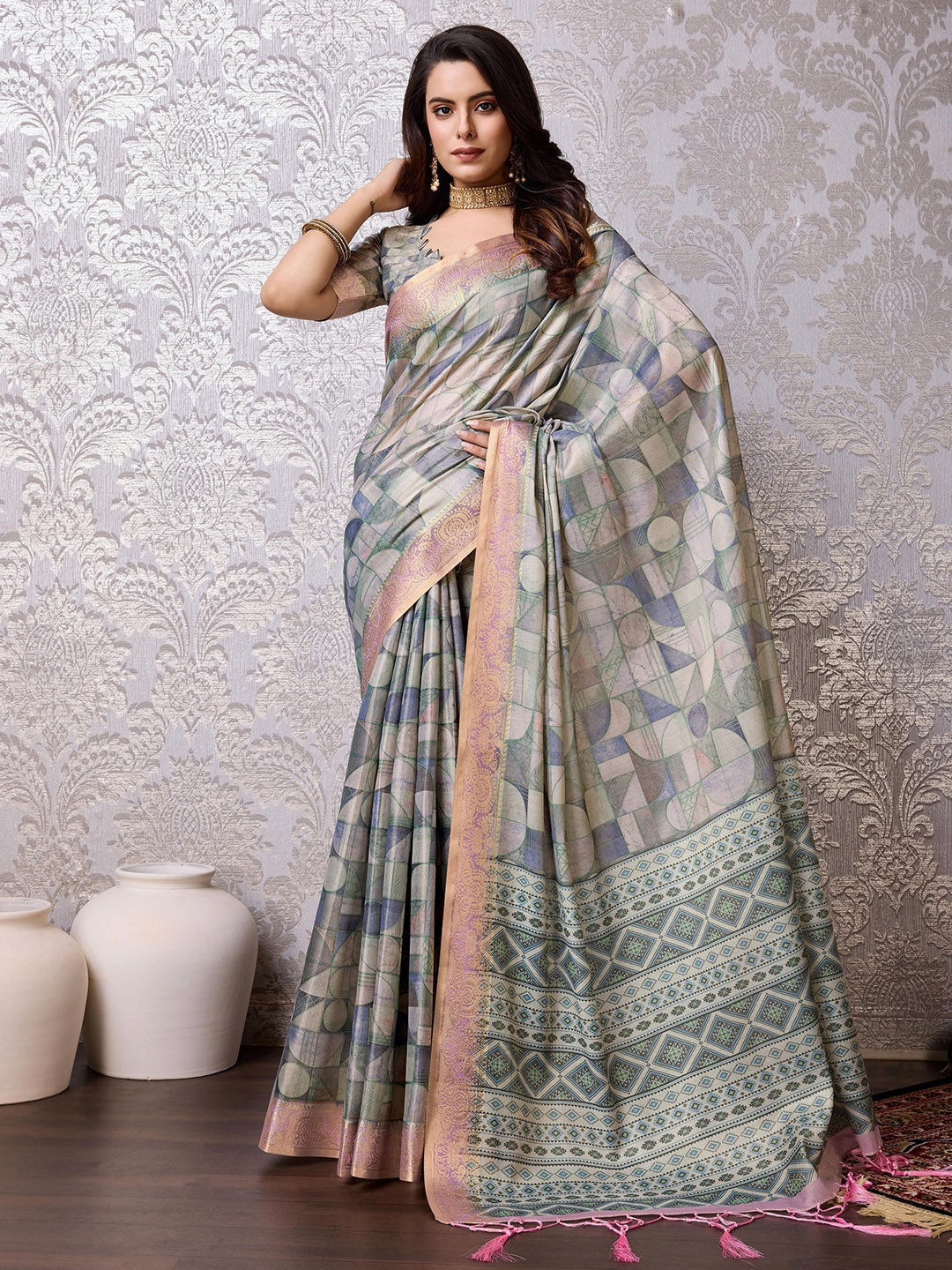 

Mitera Ethnic Motifs Zari Pure Silk Banarasi Saree, Green