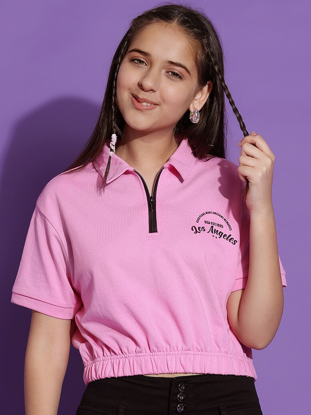 

Lil Tomatoes Shirt Collar Short Sleeves Cotton Shirt Style Top, Pink