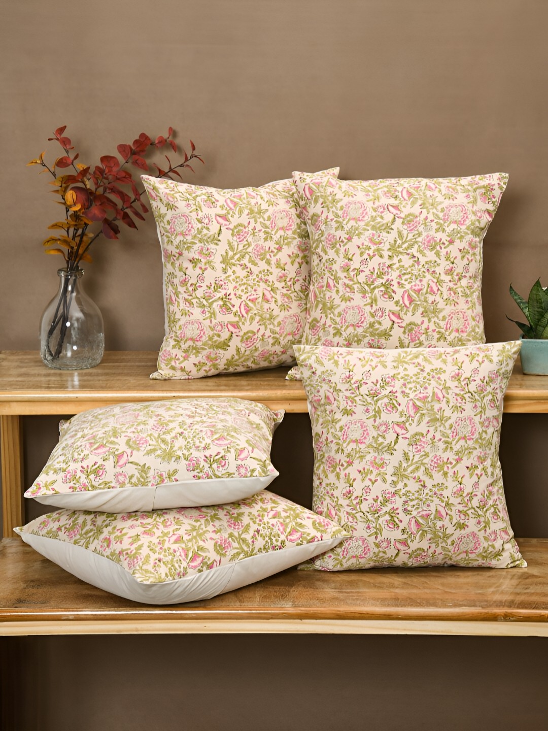 

Aura Pink & Cream 5 Pieces Floral Square Cushion Covers
