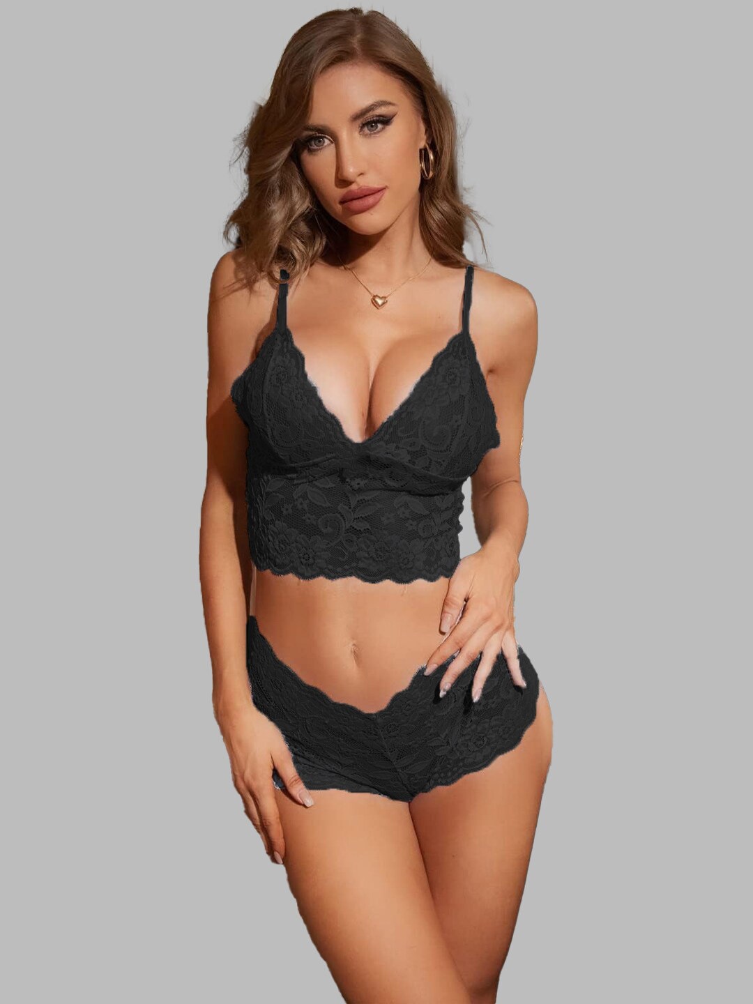 

VAGHBHATT Lace Self Designed Net Lingerie Set, Black