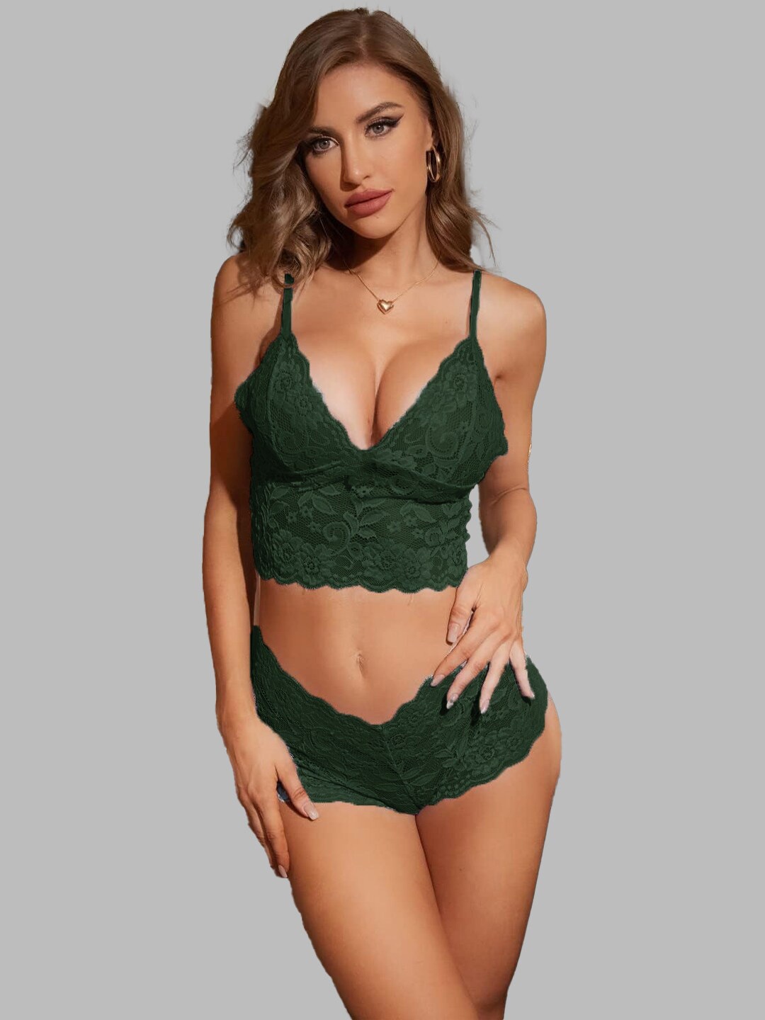 

VAGHBHATT Lace Self Design Shoulder Strap Lingerie Set, Green