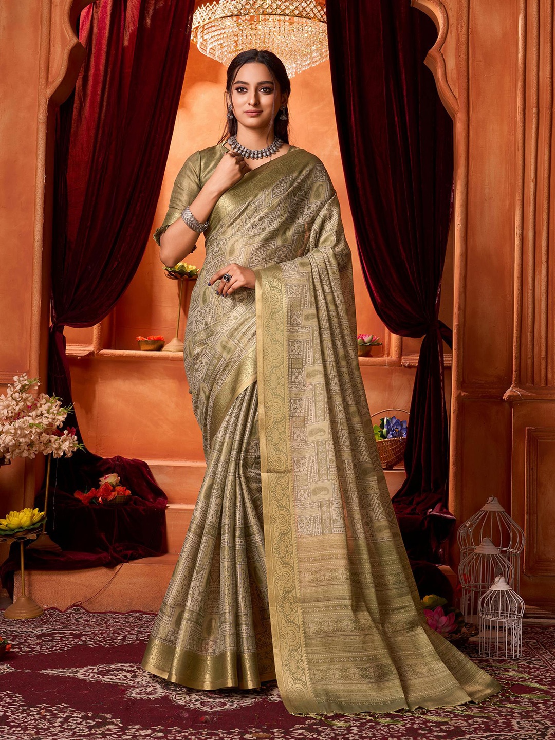 

Mitera Ethnic Motifs Zari Pure Silk Banarasi Saree, Green