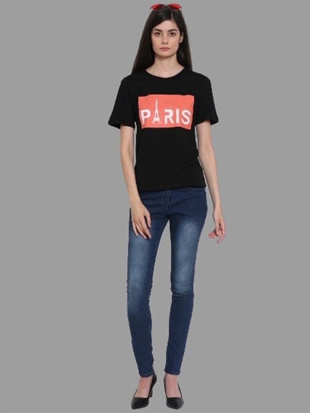 

NoBarr Round Neck Printed Cotton Top, Black