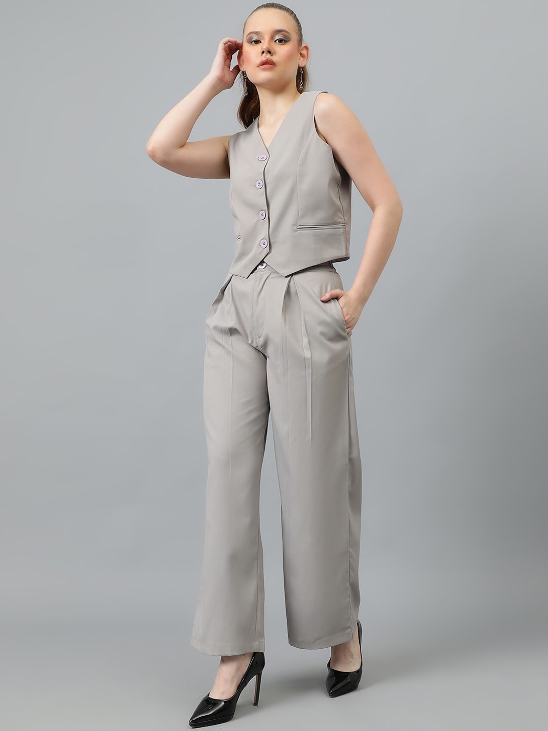 

KOTTY BIZwear V-Neck Sleevees Blazer With Trouser, Grey