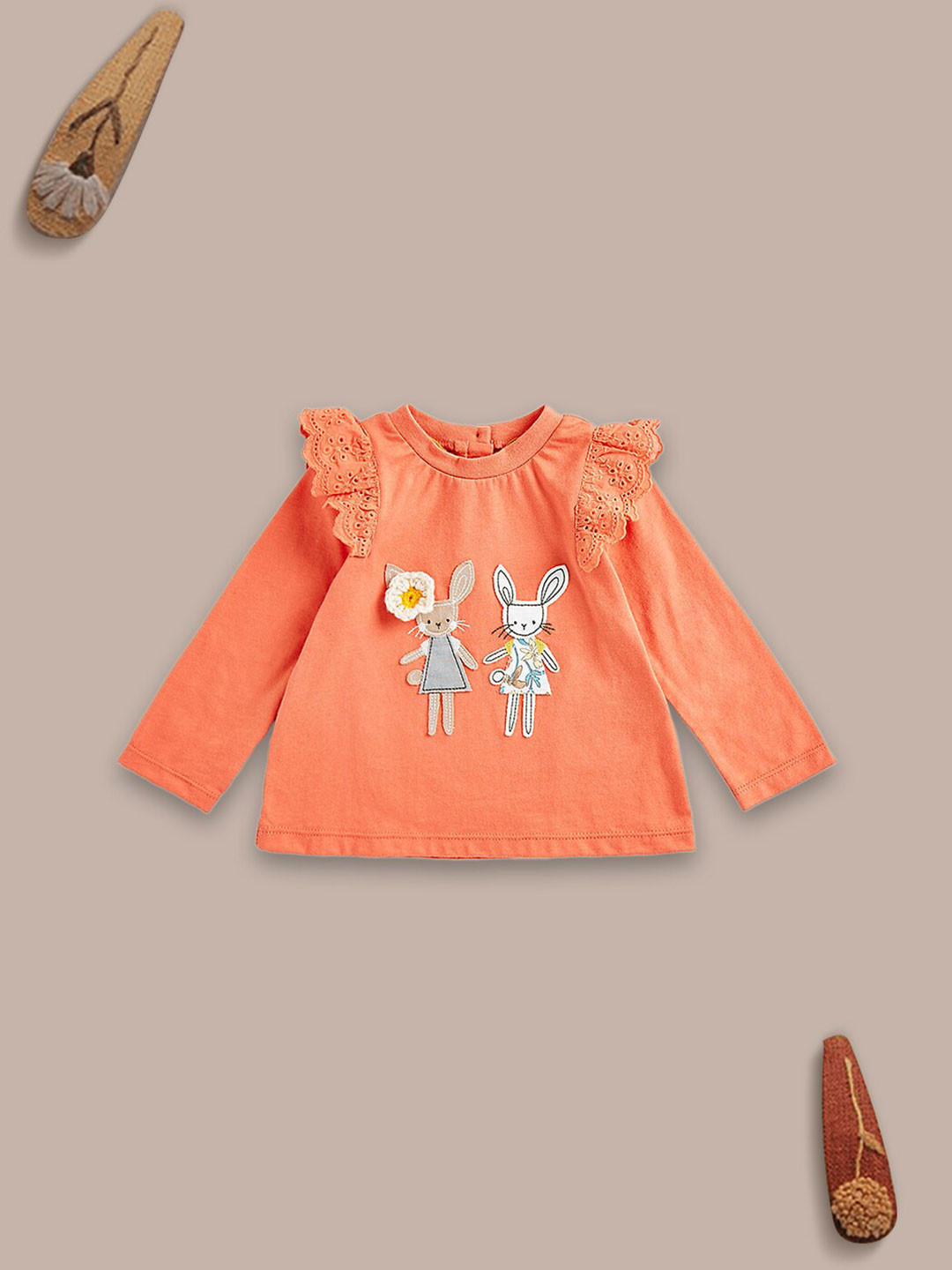 

mothercare Round Neck Long Sleeves Floral Print Cotton Top, Orange