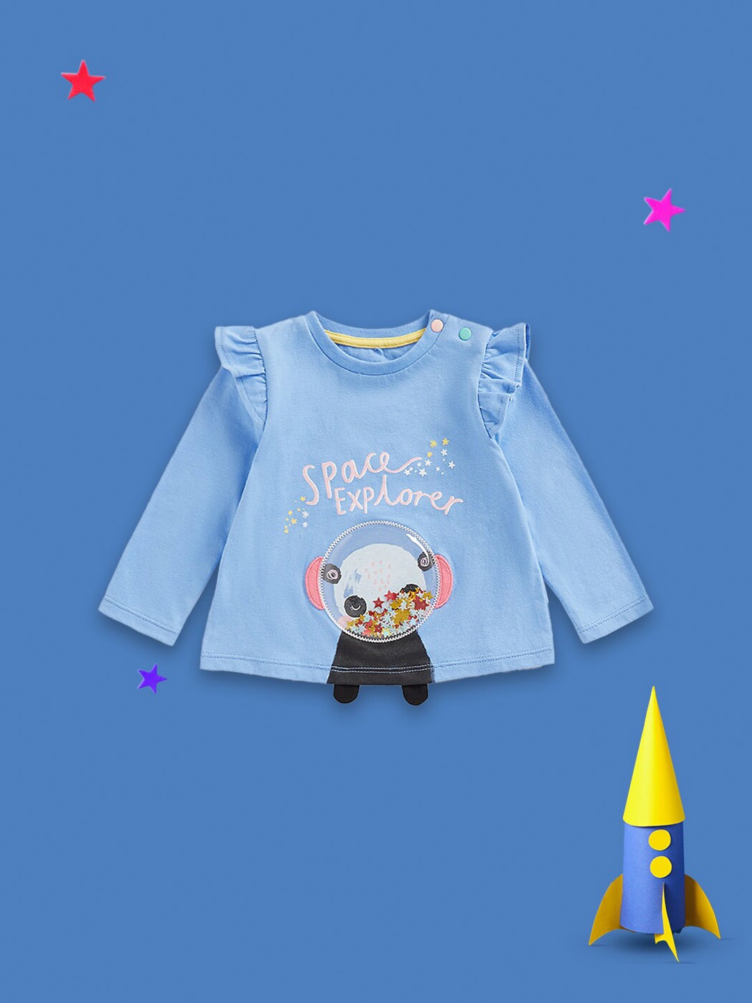 

mothercare Round Neck Long Sleeves Graphic Print Cotton Top, Blue