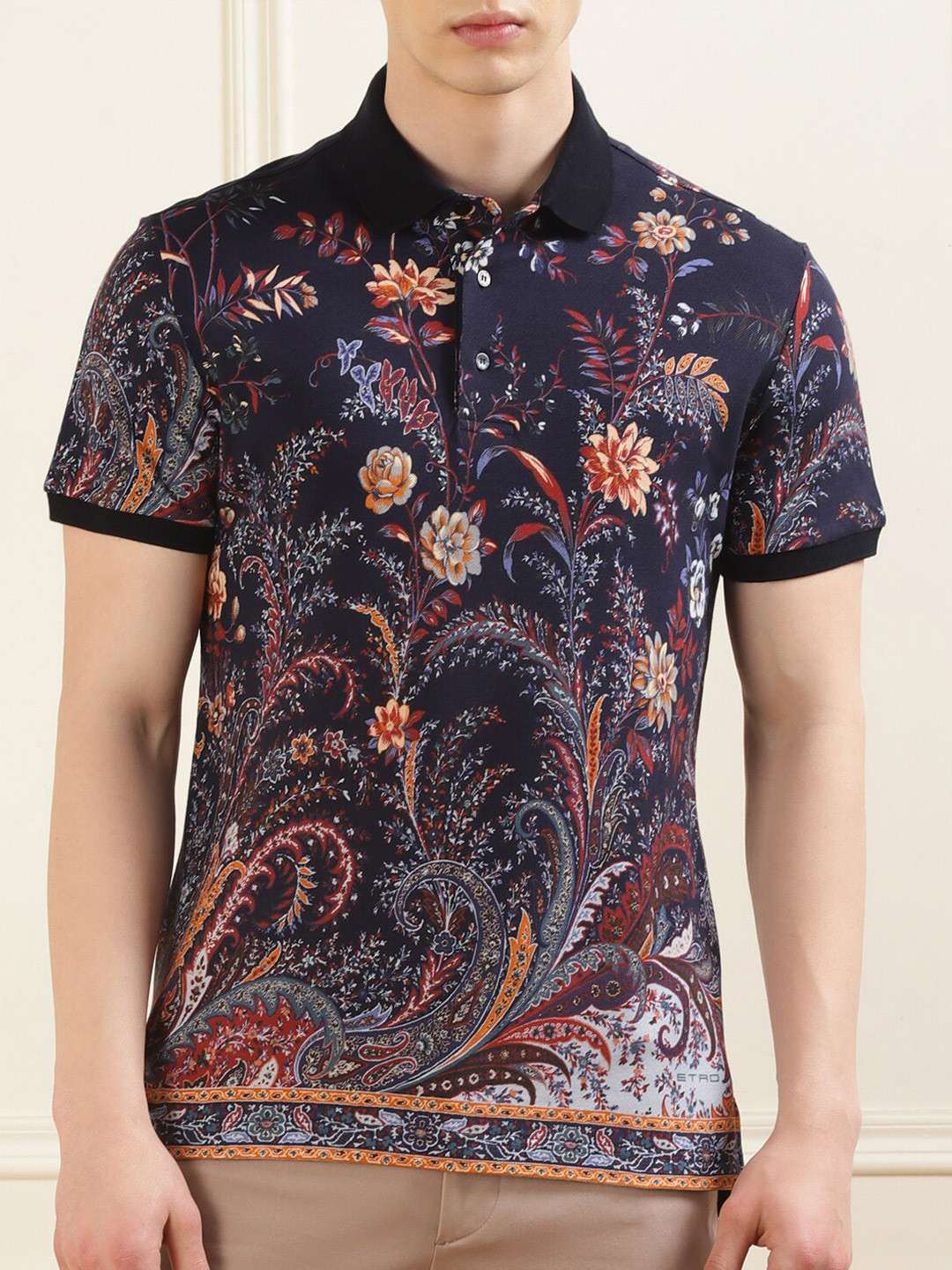 

ETRO Floral Printed Polo Collar Cotton Regular Fit T-shirt, Navy blue