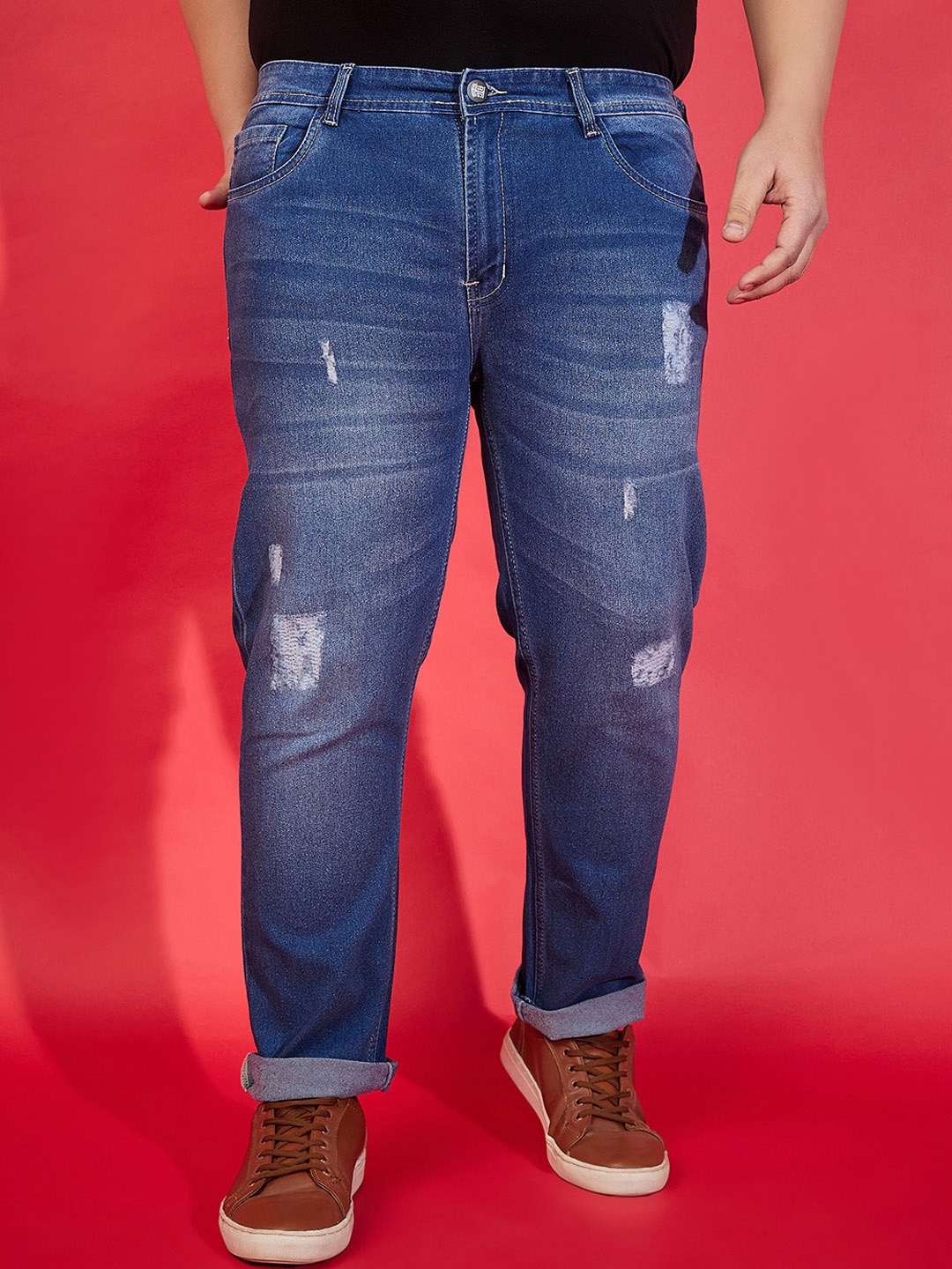 

bigbanana Men Plus Size Low Distress Light Fade Stretchable Jeans, Blue