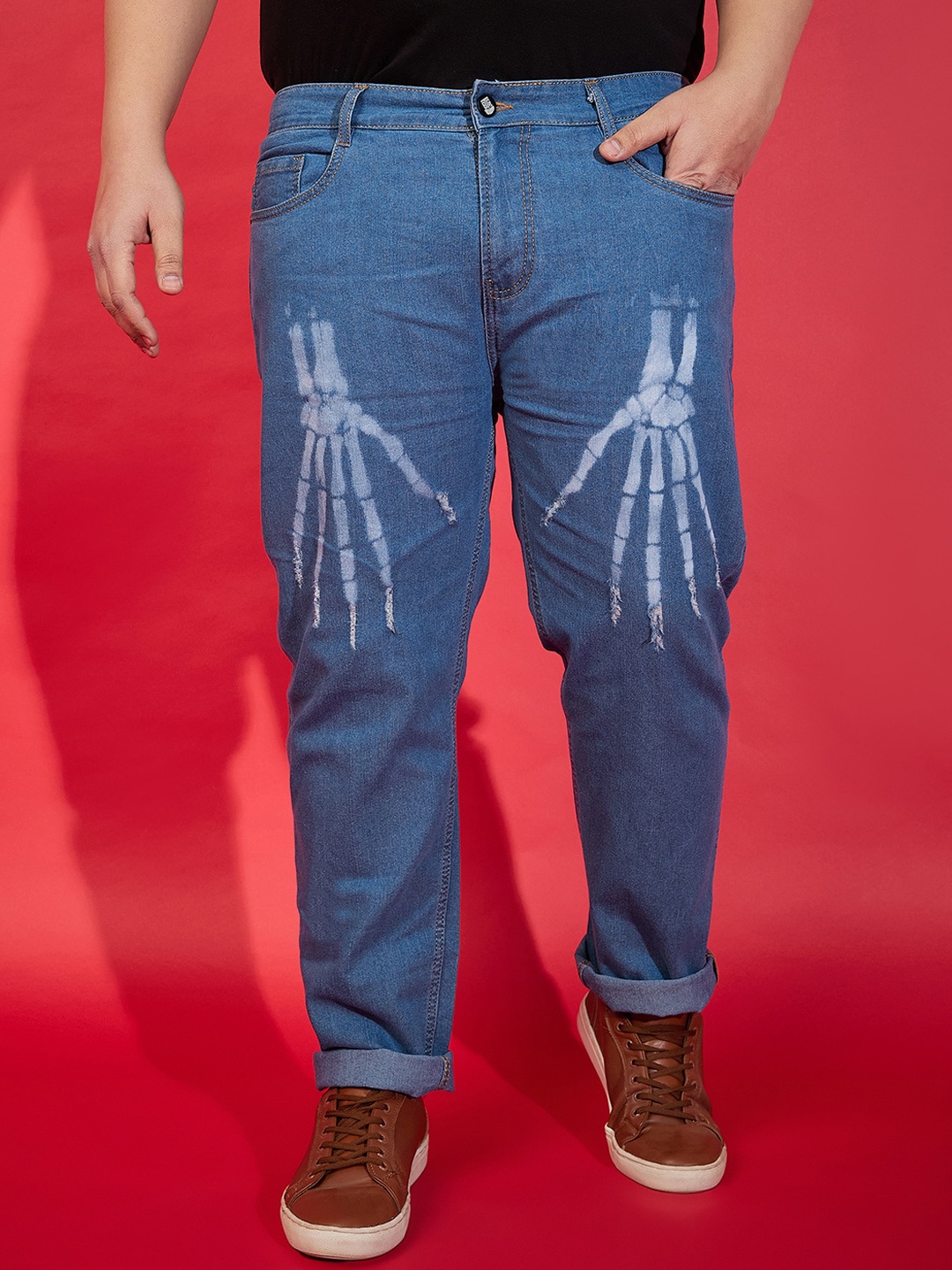

bigbanana Men Plus Size Low Distress Printed Stretchable Jeans, Blue