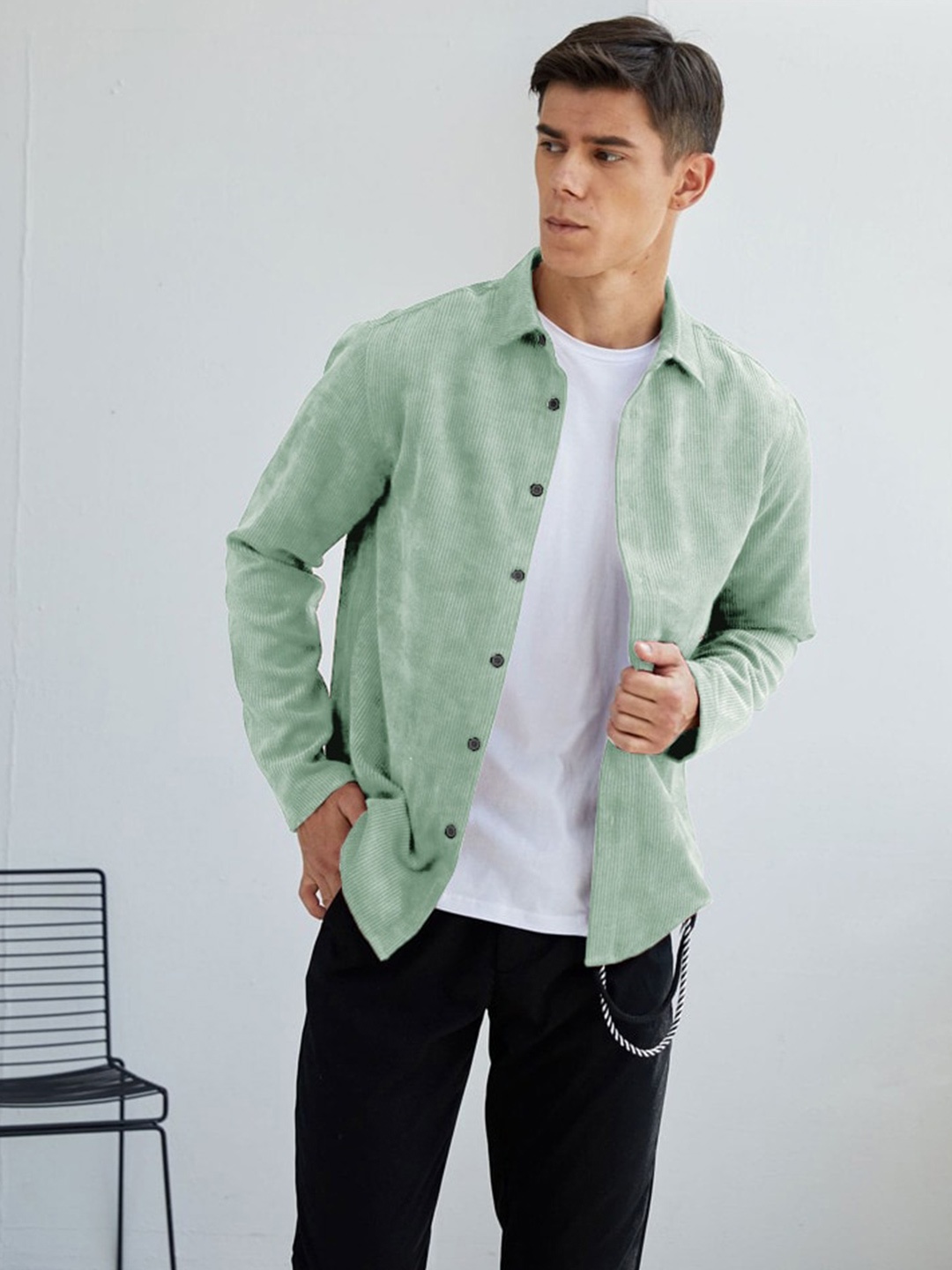 

HAMPTONS Spread Collar Casual Corduroy Cotton Shirt, Green