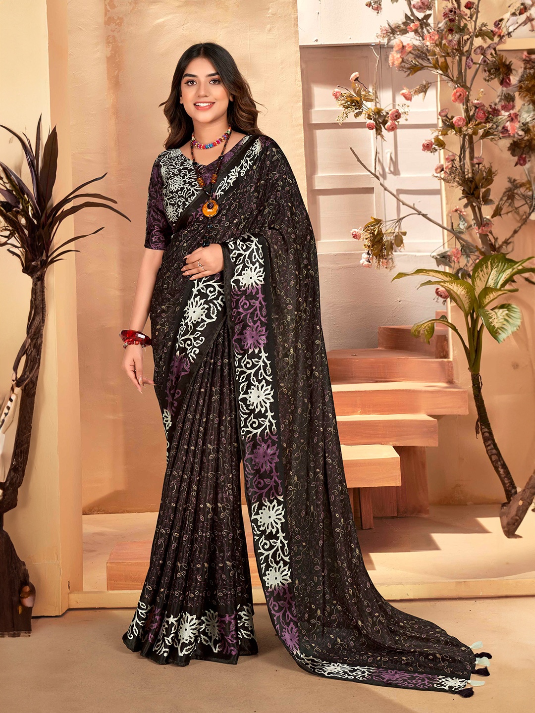 

Mitera Floral Embellished Saree, Black