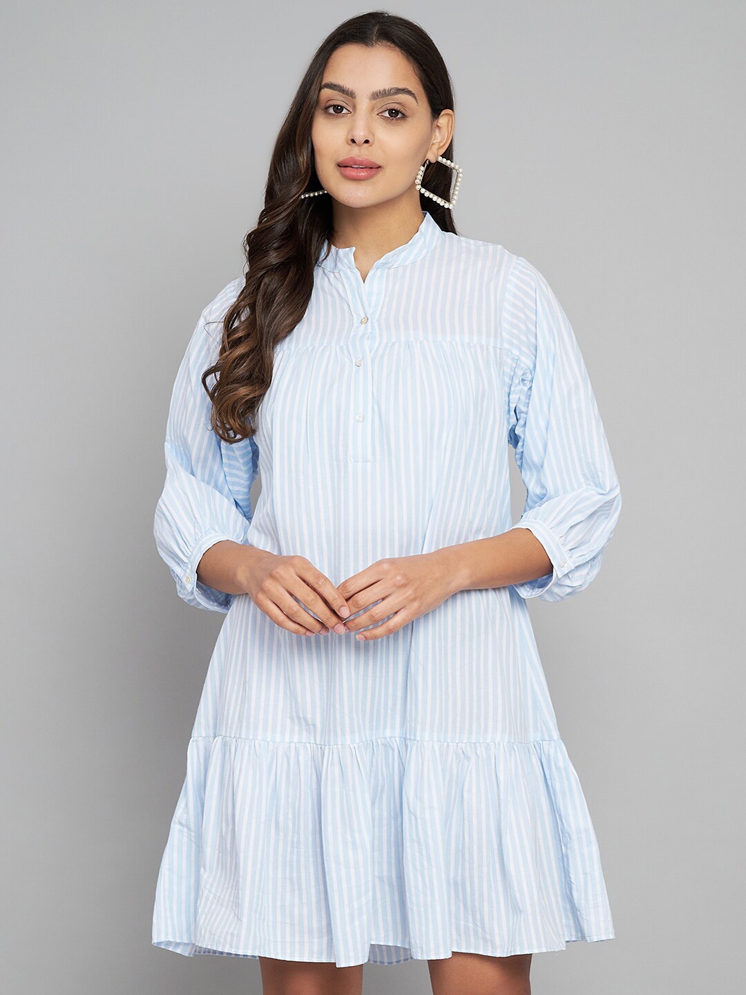 

Amagyaa Striped Cuffed Sleeves Cotton Shirt Dress, Blue