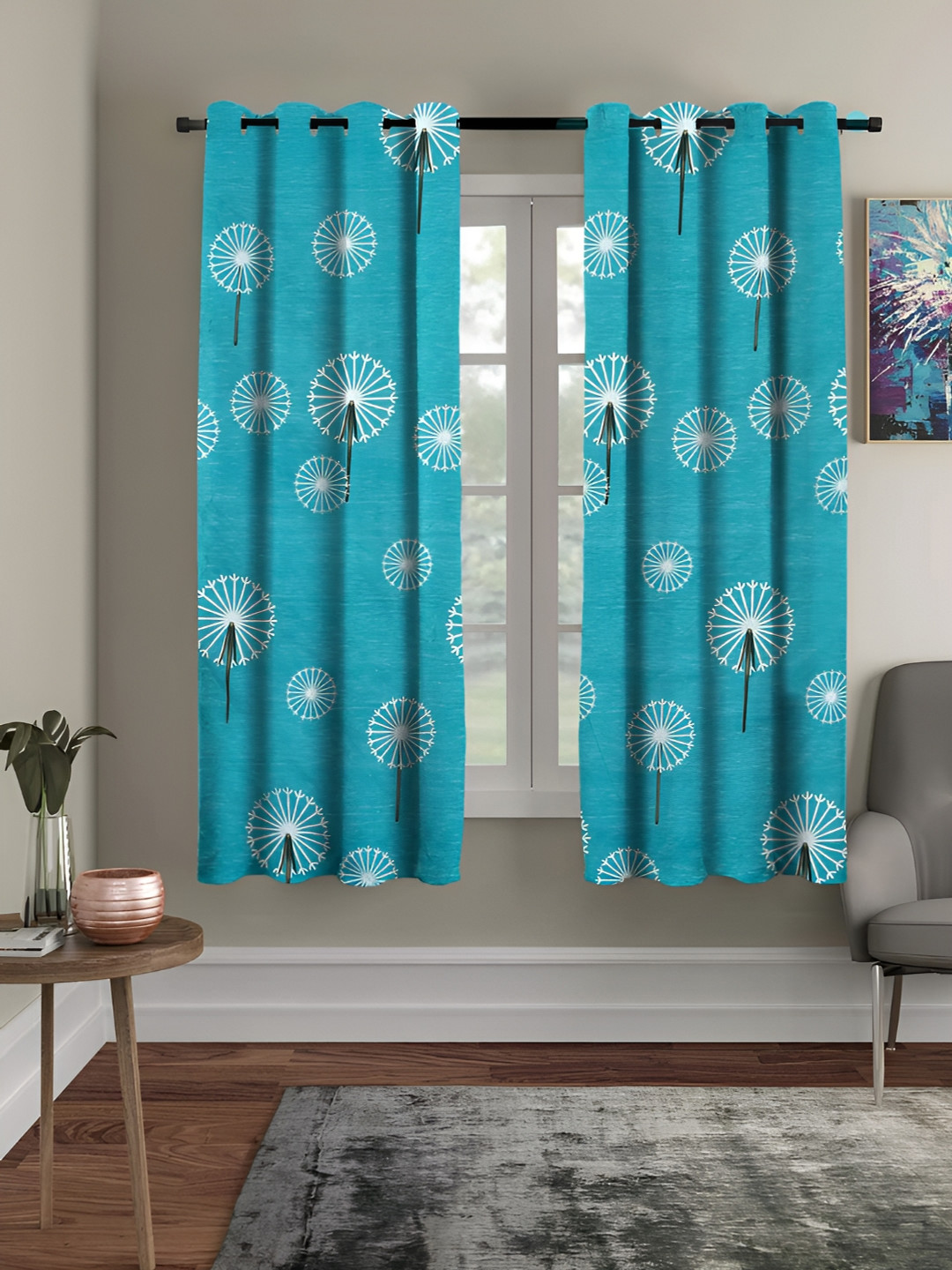 

RRC White & Black 2 Pieces Floral Room Darkening Window Curtain, Blue