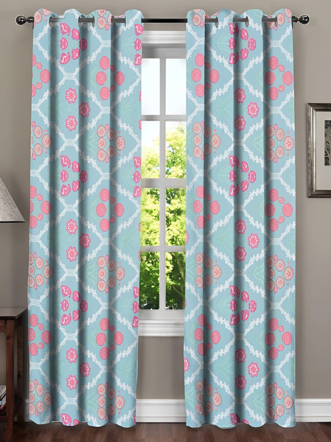 

RRC Pink & White 2 Pieces Floral Room Darkening Long Door Curtain