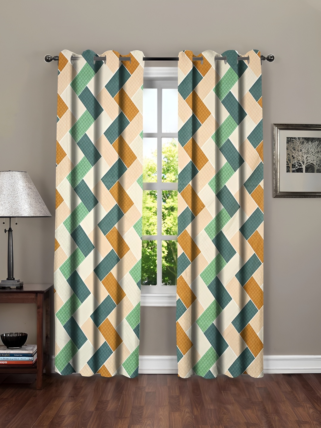 

RRC Beige & Green 2 Pieces Striped Room Darkening Long Door Curtain