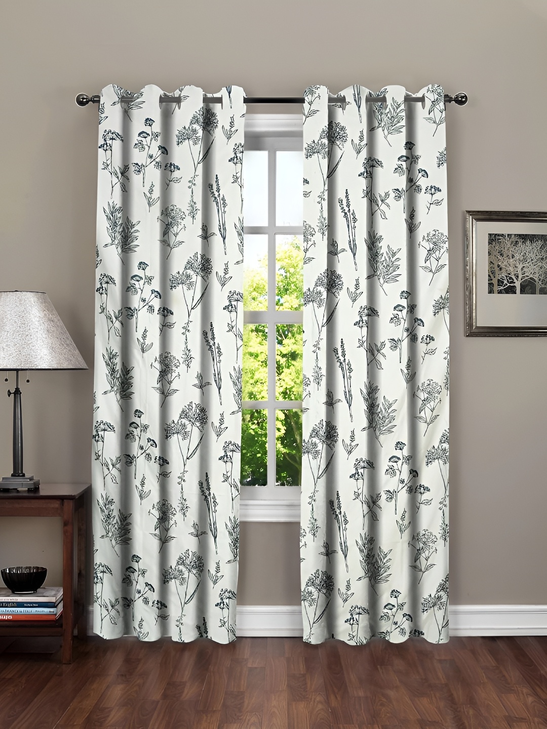 

RRC White & Grey 2 Pieces Floral Room Darkening Long Door Curtain