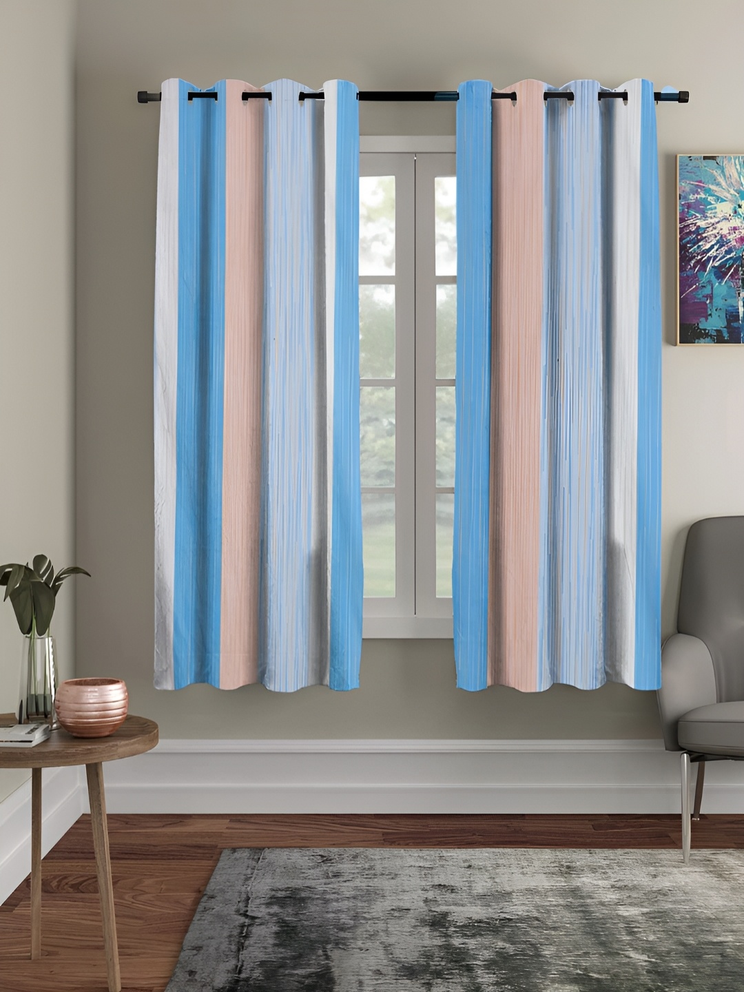 

RRC Blue & White 2 Pieces Striped Room Darkening Window Curtains