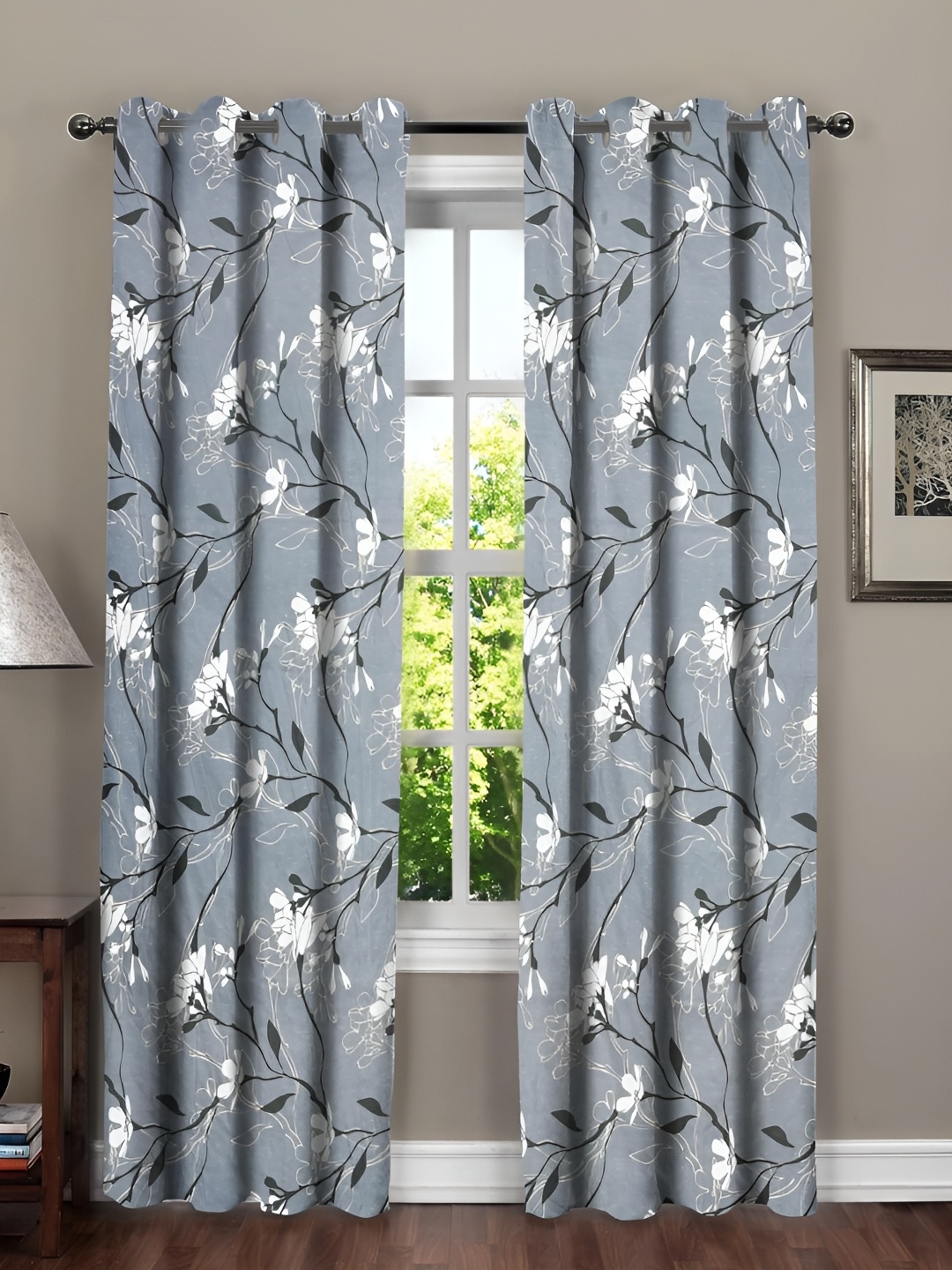 

RRC Grey & White 2 Pieces Floral Room Darkening Long Door Curtain
