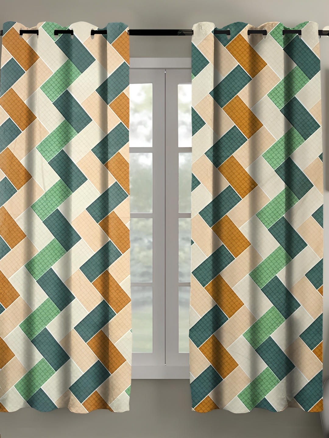 

RRC Beige & Green 2 Pieces Striped Room Darkening Window Curtains