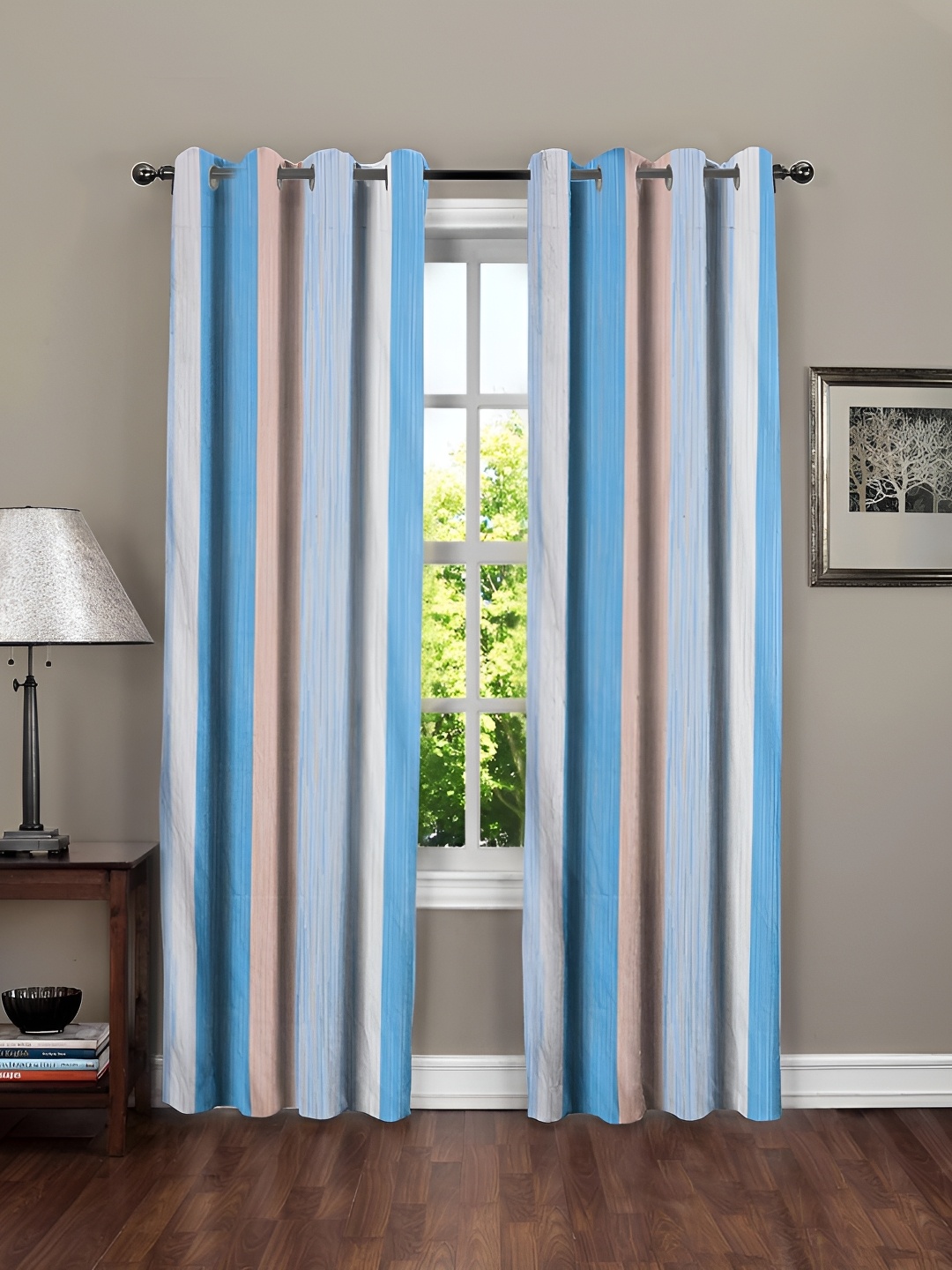 

RRC Blue & White 2 Pieces Striped Room Darkening Long Door Curtain