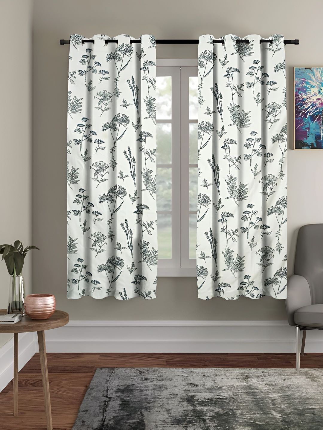

RRC White & Grey 2 Pieces Floral Room Darkening Window Curtains