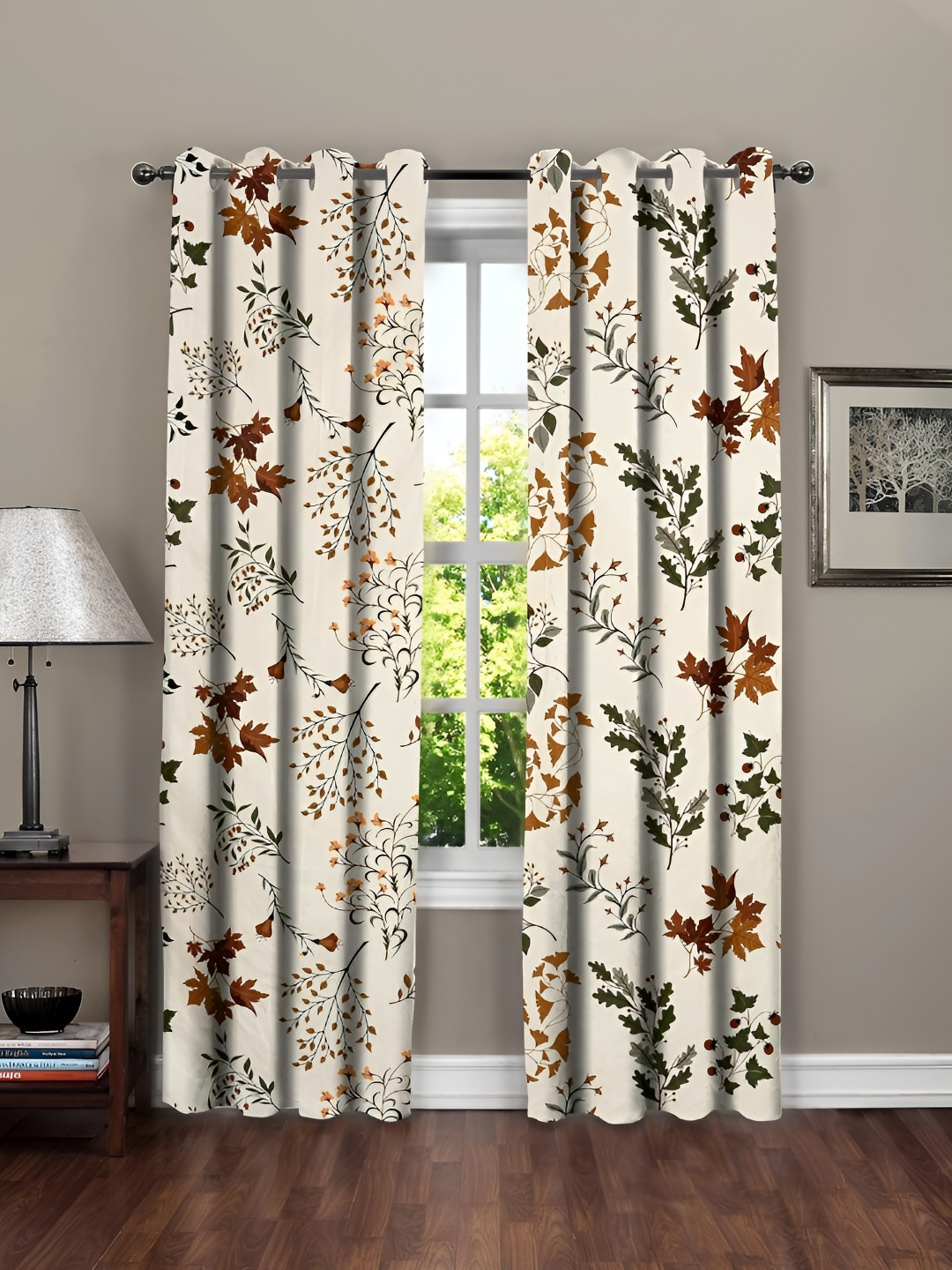 

RRC Cream-Coloured & Green 2 Pieces Floral Room Darkening Door Curtain