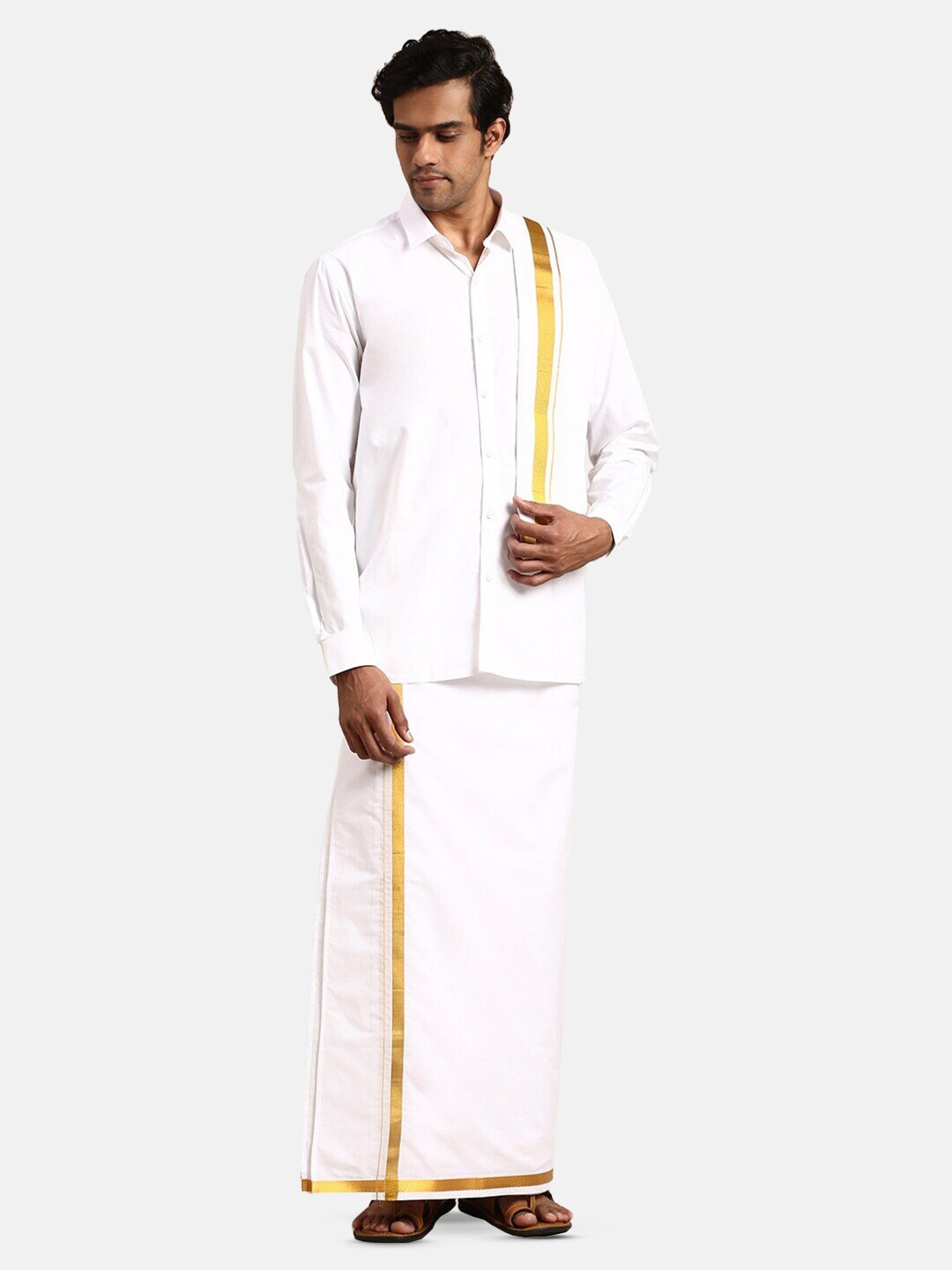 

Ramraj Long Sleeves Pure Cotton Shirt With Golden jari Dhoti & Angavastra, White