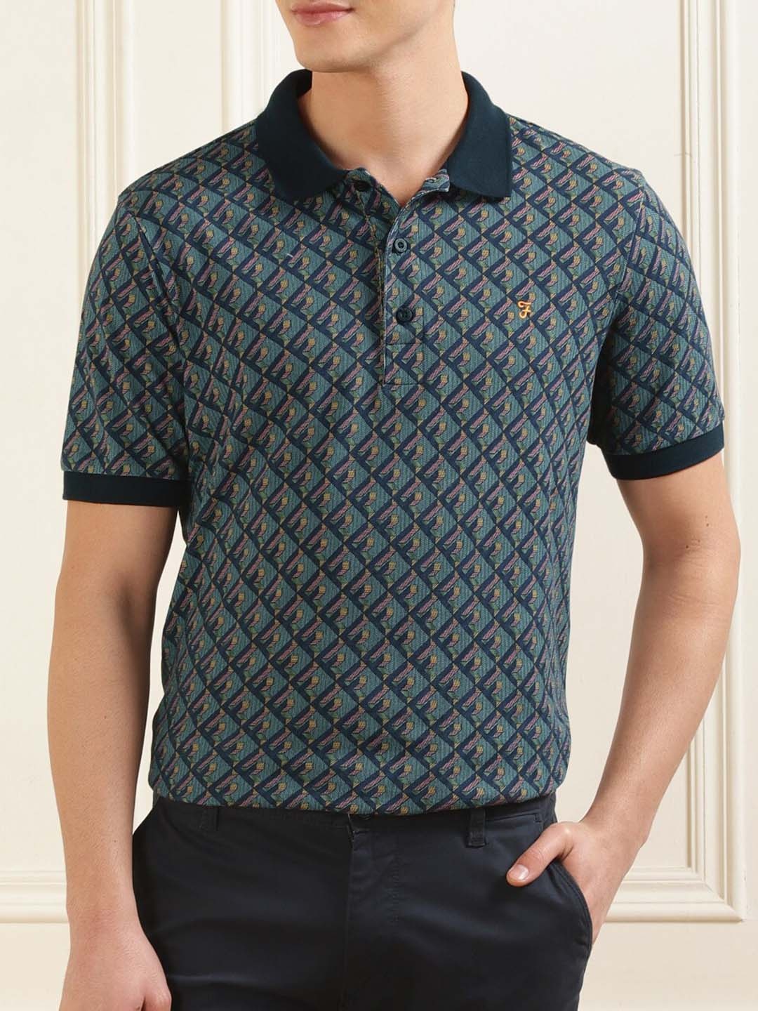 

Farah Geometric Printed Polo Collar Cotton Regular Fit T-shirt, Navy blue