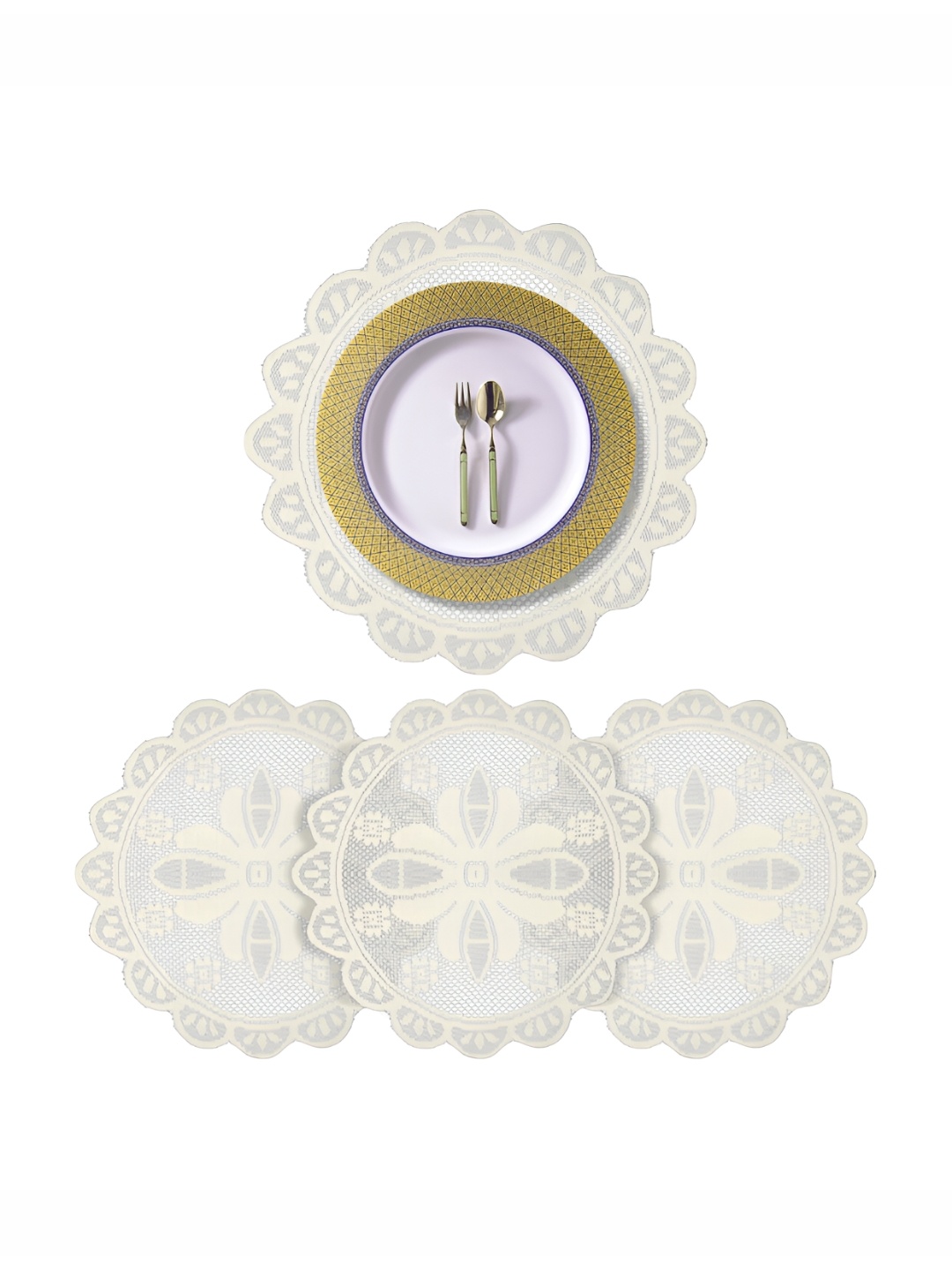 

Kuber Industries White 4 Pieces Floral Cotton Round Table Placemats