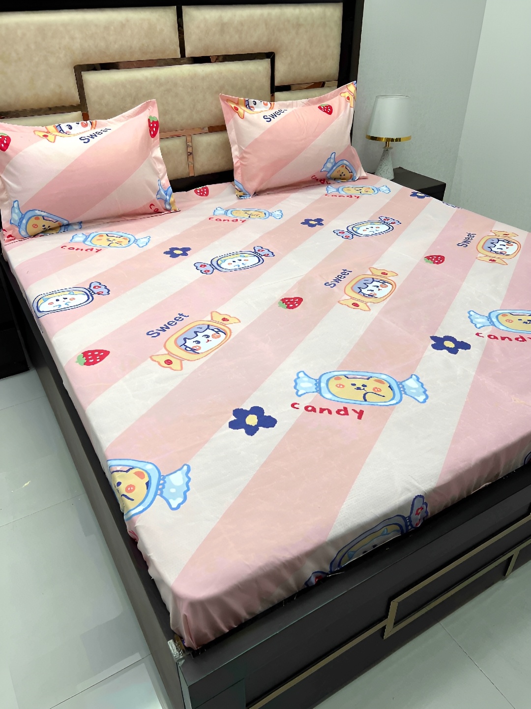 

Pure Decor Pink Cartoon Characters Cotton 300 TC Queen Bedsheet with 2 Pillow Covers