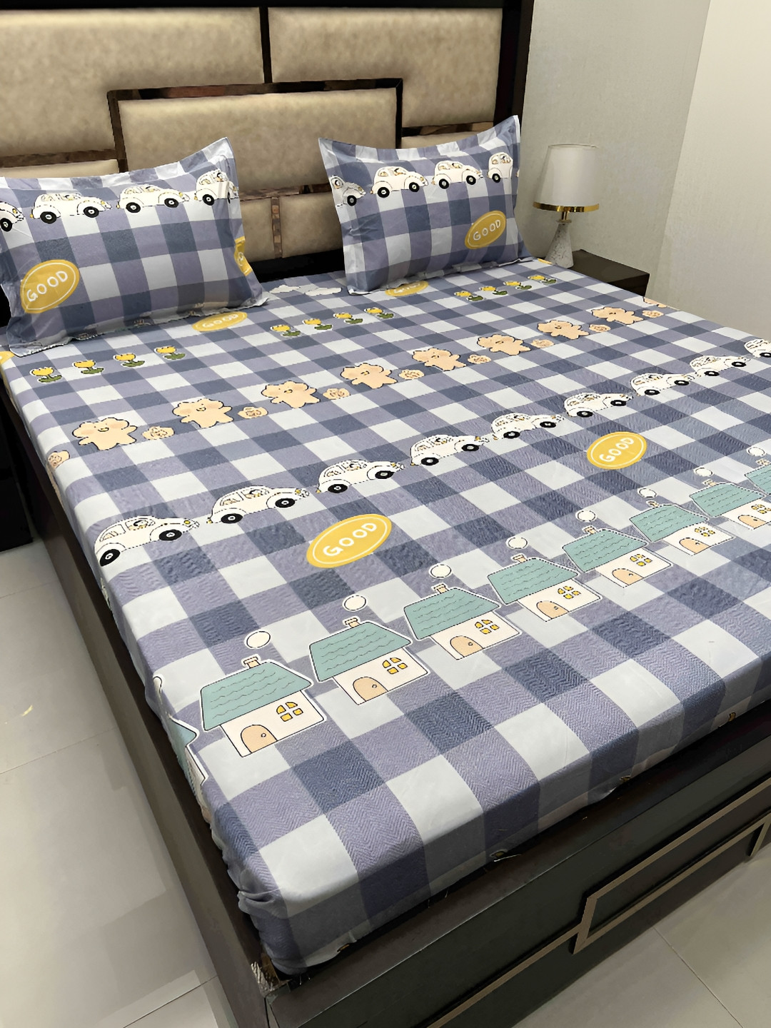 

Pure Decor Grey Cartoon Characters 300 TC Cotton Queen Bedsheet with 2 Pillow Covers