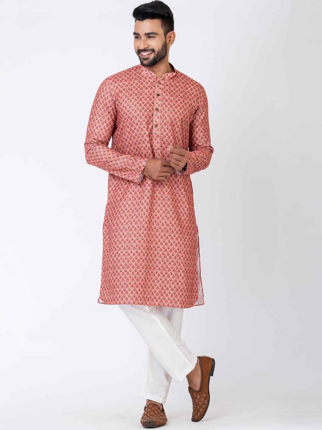 

HU - Handcrafted Uniquely Geometric Mandarin Collar Long Sleeves Cotton Kurta, Peach