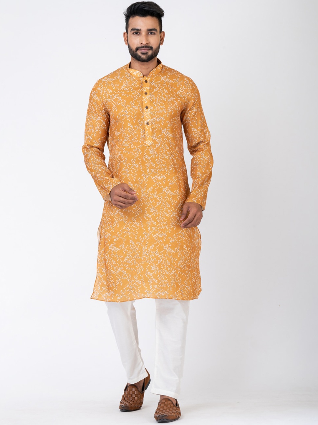 

HU - Handcrafted Uniquely Floral Printed Mandarin Collar Chanderi Silk Straight Kurta, Yellow