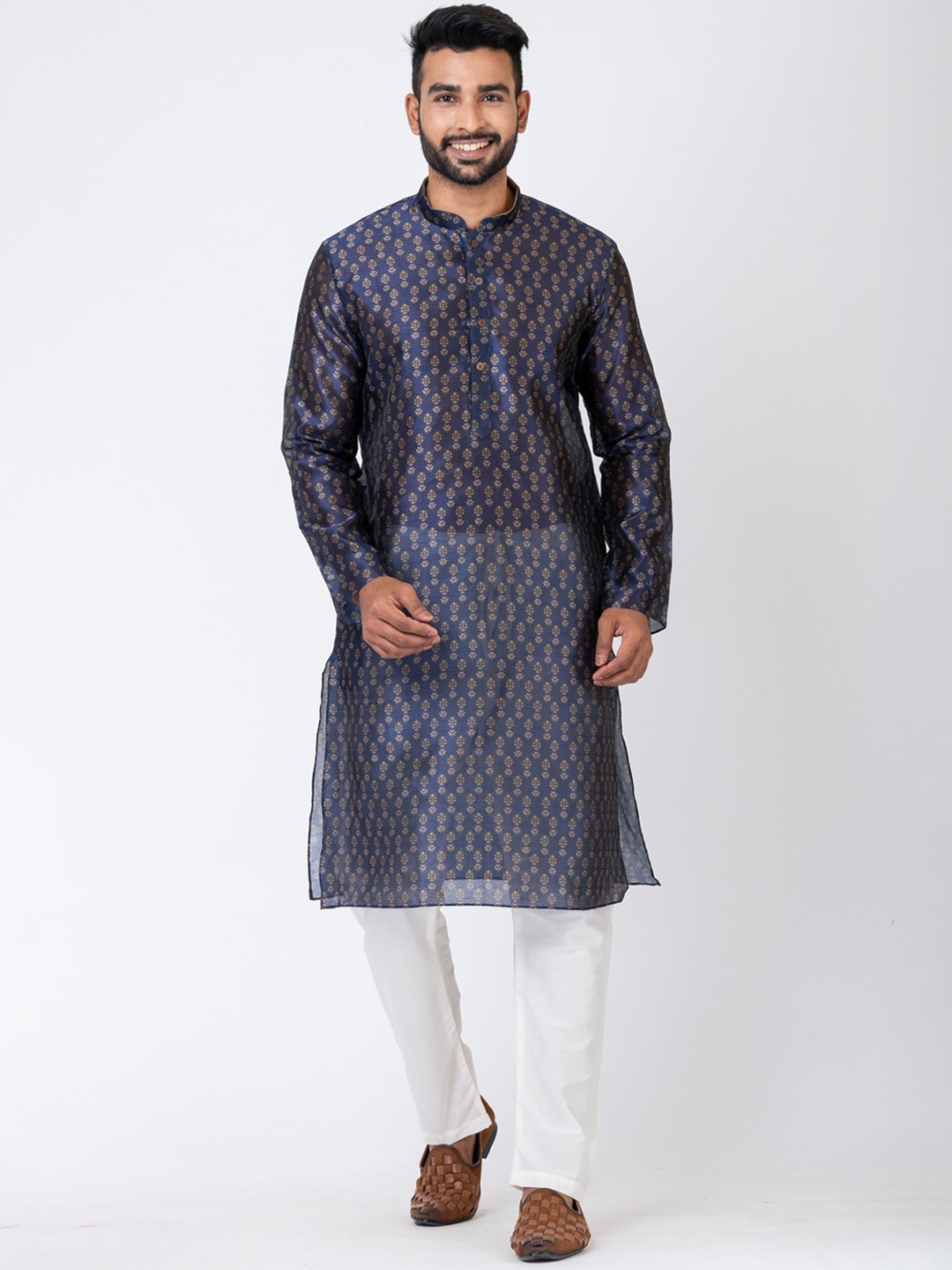 

HU - Handcrafted Uniquely Striped Mandarin Collar Long Sleeves Dupion Silk Kurta, Navy blue