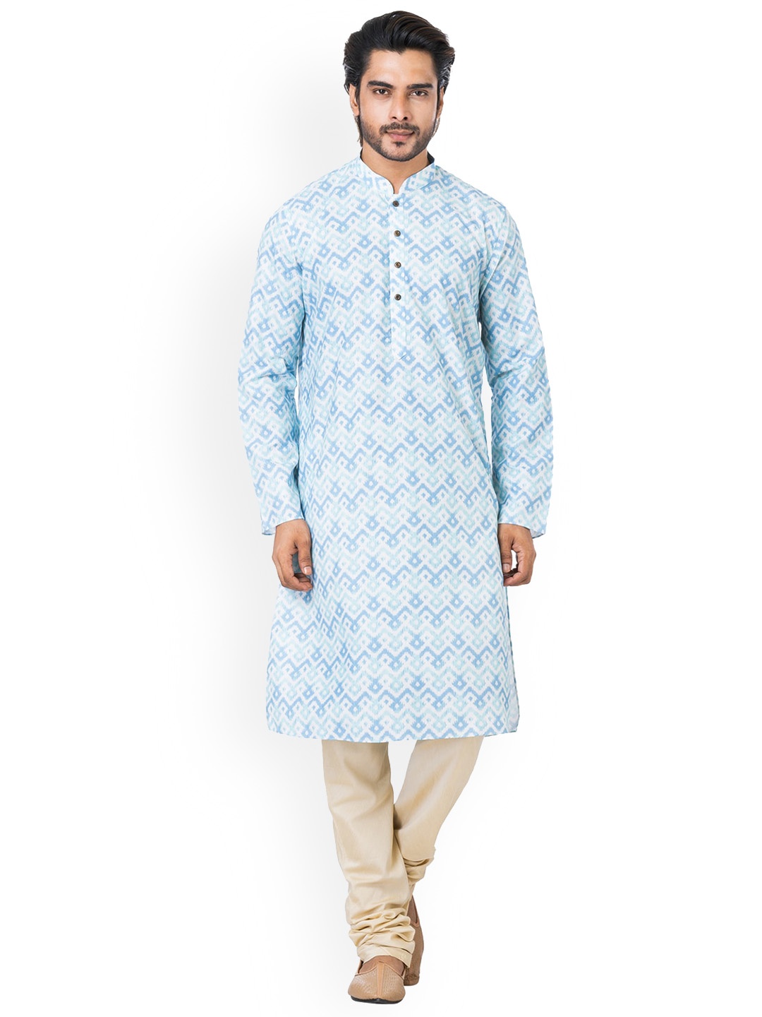 

HU - Handcrafted Uniquely Printed Flared Sleeves Pathani Kurta, Blue