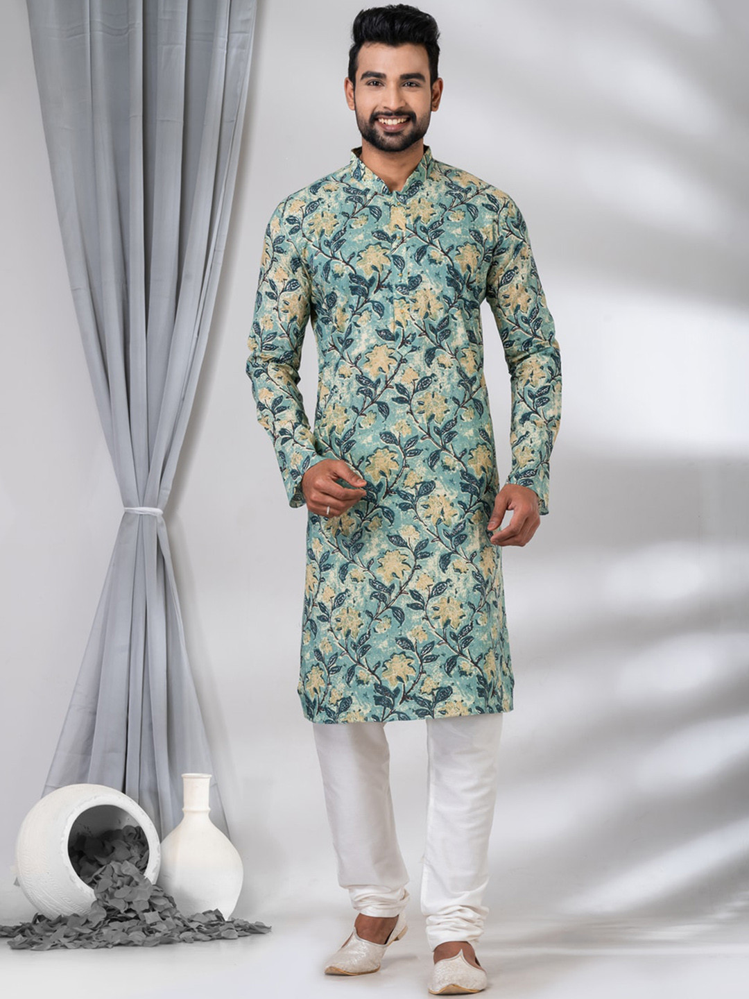 

HU - Handcrafted Uniquely Floral Printed Mandarin Collar Long Sleeves Cotton Kurta, Teal