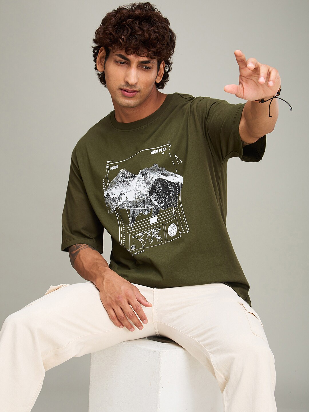 

The Roadster Lifestyle Co Printed Round Neck Oversized T-shirt, Olive