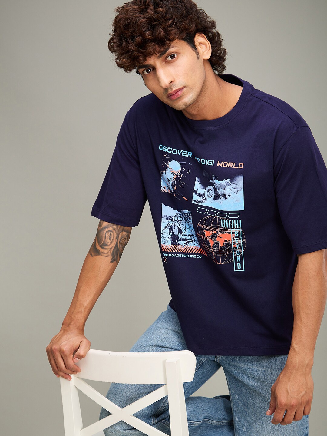 

The Roadster Lifestyle Co Printed Round Neck Oversized T-shirt, Navy blue