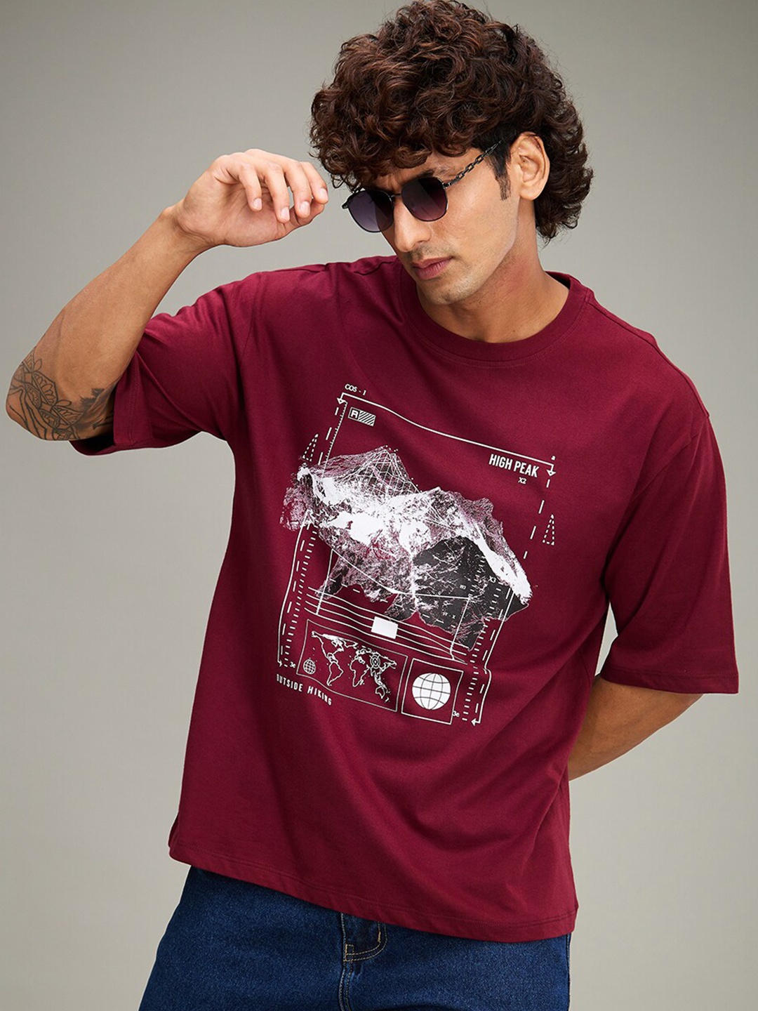 

The Roadster Lifestyle Co Maroon Printed Cotton Oversized Tshirt