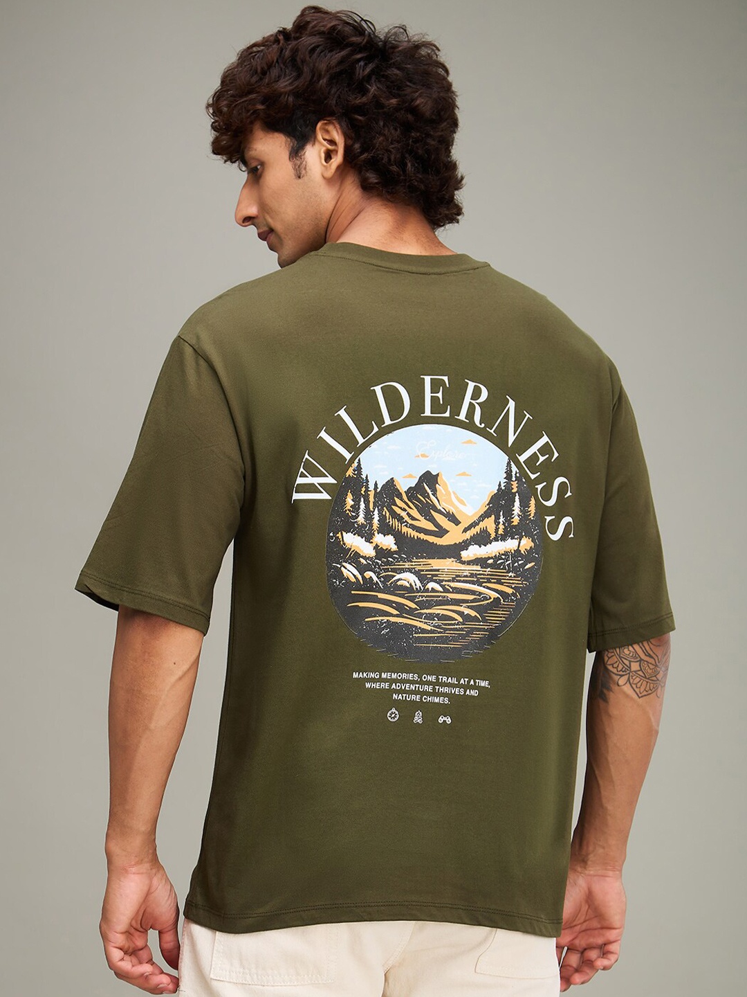 

The Roadster Lifestyle Co Printed Round Neck Oversized T-shirt, Olive