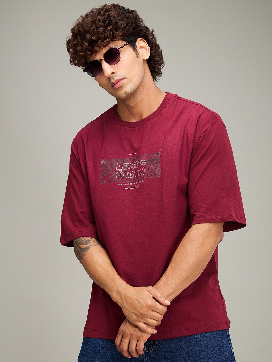 

The Roadster Lifestyle Co Graphic Printed Cotton Oversized-Fit T-Shirt, Maroon